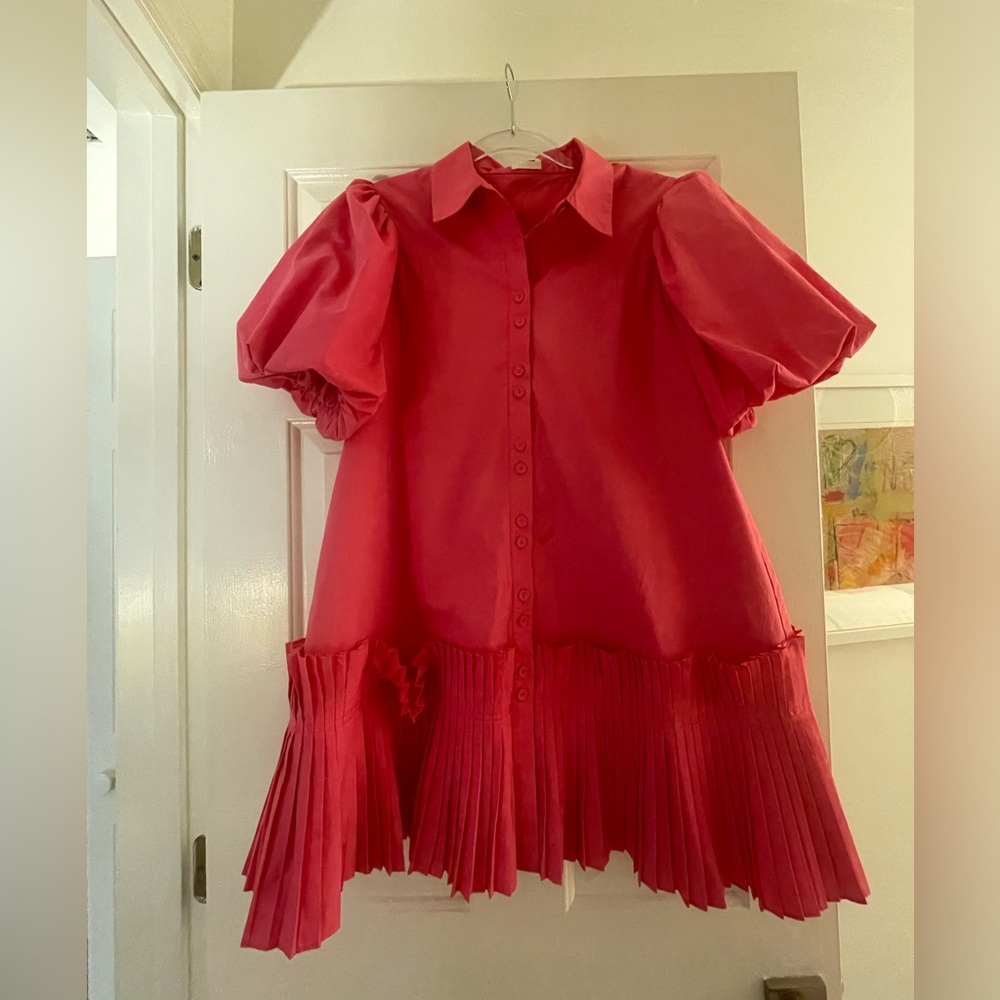 Hot pink pleated dress with puff sleeves!